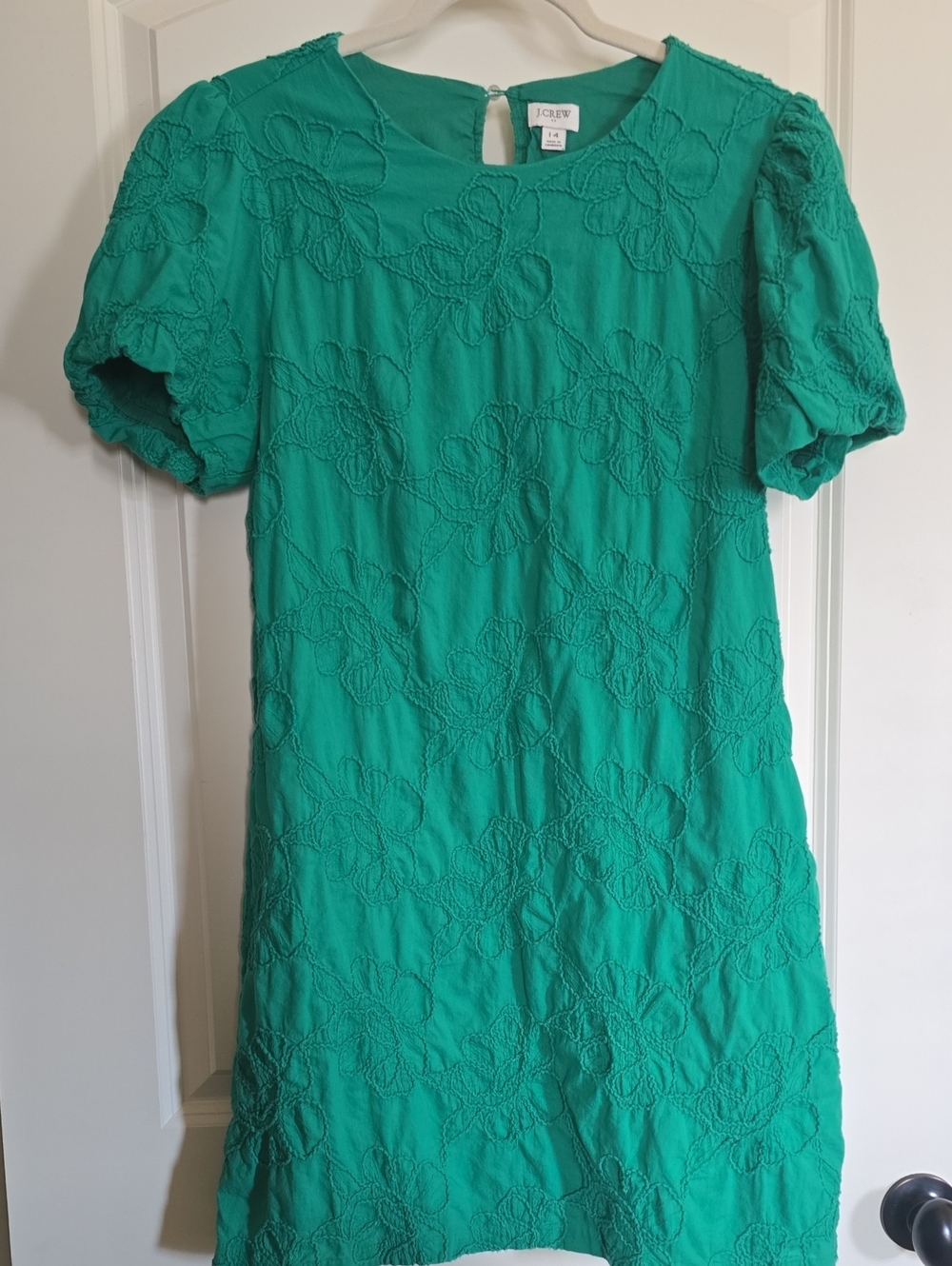 J. Crew Teal Green Embroidered Puff-Sleeve A-Line Dress